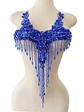 Pure Handmade Rhinestones Beads Patches Trim Bodice Applique Sewing Fringe Tassel Chain for DIY Clothing Wedding Decoration 15X19.6inches (Blue)