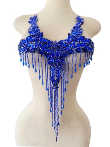 Pure Handmade Rhinestones Beads Patches Trim Bodice Applique Sewing Fringe Tassel Chain for DIY Clothing Wedding Decoration 15X19.6inches (Blue)