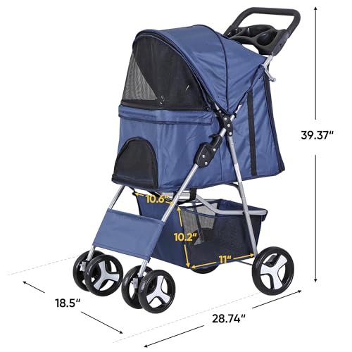 Image of ZENY Foldable Pet Stroller, Cat /Dog Stroller with 4 Wheel, Pet Travel Carrier Strolling Cart with Storage Basket, Cup Holder (Navy Blue)
