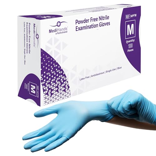 MediHands Nitrile Gloves Medium, Blue Heavy Duty Disposable Glove and Surgical Gloves, Powder Free and Latex Free, Medical, Food, Multi Use, Pack of 100
