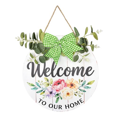 13 Inch Wood Welcome Sign for Front Door Floral Hanging Wreath Sign with Plaid Bow & Greenery All Seasons Farmhouse Porch Wall Decor Welcome to Our Home Outdoor Indoor Decoration