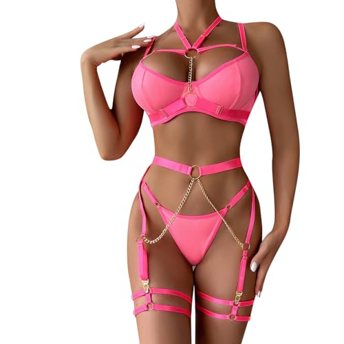 Sous-vêtements érotiques pour femmes : ensemble rose 3 pièces avec joint de taille chic en XL