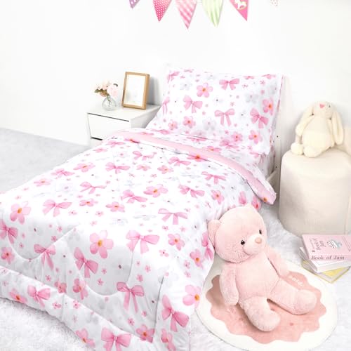 Image of Hooyax Toddler Bedding Set for Girls - 4 Piece Bow Toddler Comforter Set Includes Fitted Sheet, Comforter, Pillowcase & Flat Sheet - Soft Comfort Microfiber for All Seasons