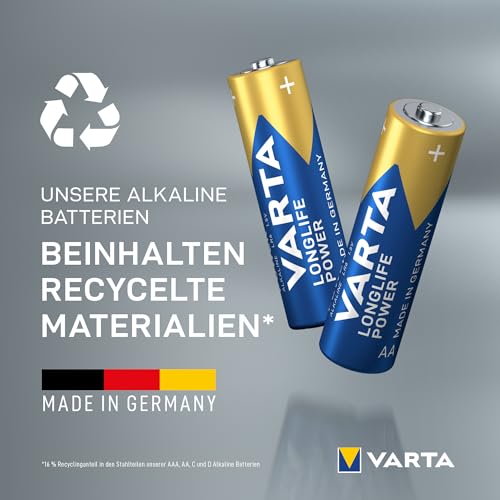 VARTA Batterien AA, 10+10 (20 Stück), Longlife Power, Alkaline, 1,5V, ideal für Spielzeug, Funkmaus, Taschenlampen, Verpackung zu 90% recycelt, Made in Germany