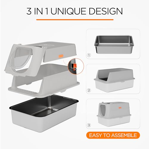 Anywish Stainless Steel Cat Litter Box with Lid, XL Extra Large Enclosed Removable Metal Litter Box with Litter Scoop&Double Layer Litter Mat, Non-Sticky, Non-Odor, Easy Cleaning, for Big Cats, Grey - Thumbnail 5