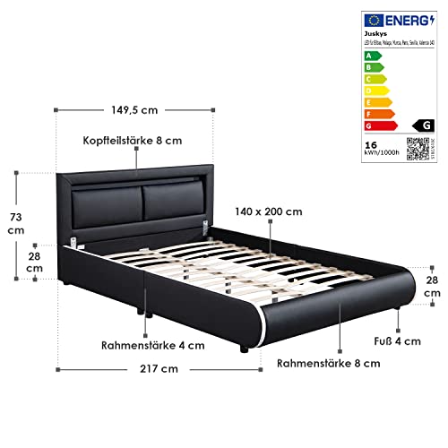 Juskys-Polsterbett-Murcia-140-x-200-cm--Bett-mit-LED-Lattenrost-Kopfteil-Kunstleder--Bettgestell-gepolstert-gemuetlich-modern-schwarz