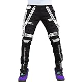 Nutriangee Men's Straight Leg Patchwork Jeans Streetwear Hip Hop with Zip Cargo Denim Pants Black 28