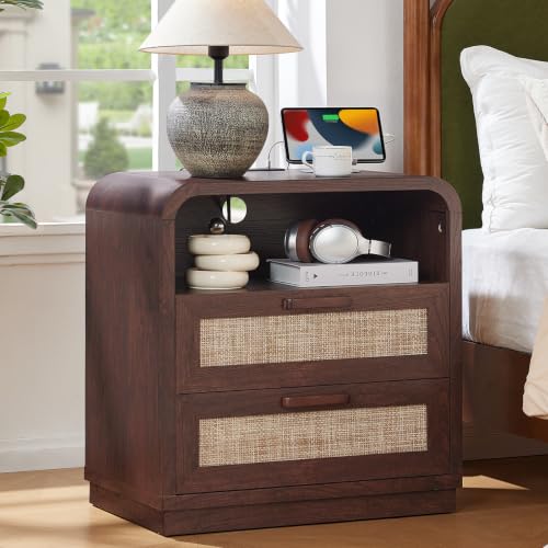 Image of LEYAOYAO Rattan Night Stand with Charging Station, Walnut | 23.6 inch Curved 2 Drawers Nightstand with Storage Shelf & Solid Handle, Boho Bedside Tables for Bedroom, Living Room
