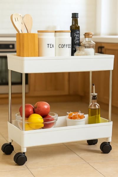 Image of Multipurpose 2-Tier Storage Shelf, Storage Rack with Wheels, Storage Organizer Cart for Kitchen, Pantry Closet, Bedroom, Bathroom(2 Layer, White)