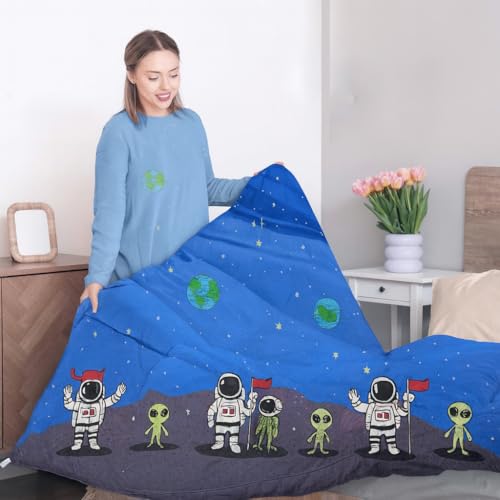 Image of 200 GSM 400 TC Kids Glace Cotton Reversible Cartoon Printed Double Bed King Size Comforter with Matching Bedsheet 90 * 100 with 2 Pillow Covers Set of 4 Pieces (Astronaut)