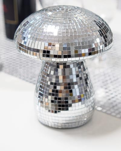 Brillantreal Mushroom Disco Ball, 7 Inch Silver Mirror Disco Ball Decor, Handmade Retro Reflective Mushroom Shaped Ornaments for Home, Room, Bar, and Party Decorations, Perfect Unique Gift (Silver)