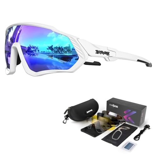 KAPVOE Gafas de Ciclismo Polarizadas con 5 Lentes Intercambiables para Hombres Mujeres Pantalla Completa TR90 Gafas de Sol Ligeras para Ciclismo Deportivo MTB Azul Blanco 07