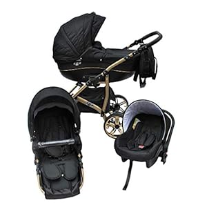 Cleo Kombi Kinderwagen 3 in 1 schwarz/gold - mit Vollgummireifen