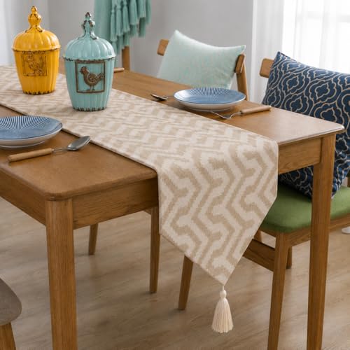 Image of STITCHNEST 'Nomad Weave Collection' Jacquard Table Runner 13x72 Inches| Tassel Finish | Modern Dining Table Decor
