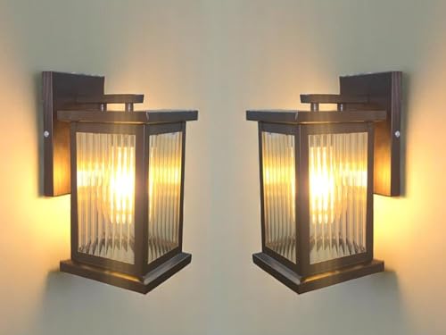 Image of GreyWings Classic Outdoor Wall Light for Home, Brown Metal Frame with Ribbed Glass, E27 Big Threaded Holder, Wall Lamp, Pack of 2