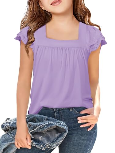 Image of Arshiner Girls Shirts Short Sleeve Square Neck Summer Lace Openwork Pleated Tops Blouse Tunic