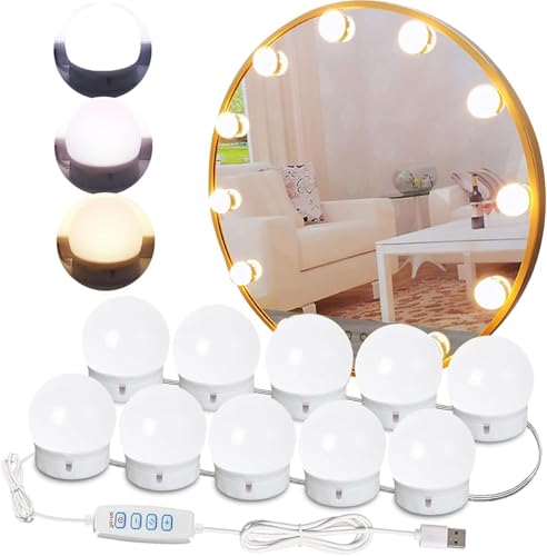 Vanity Lights for Mirror, LED Hollywood Mirror Lights Stick on with 10 Dimmable Bulbs, 3000K 4000K 6500K, 10 Level Brightness Adjustable, USB Cable, for Makeup Dressing Room Bathroom