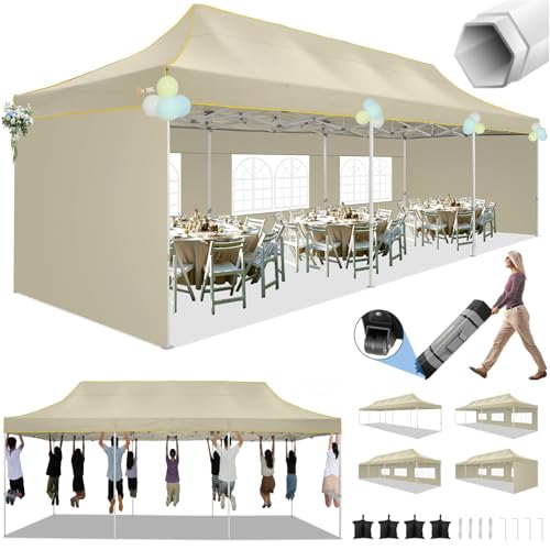 Image of HOTEEL 10x30 Heavy Duty Pop Up Canopy Tent with 5 Sidewalls&Wheeled Bag, Commercial Event Party Tent Wedding Instant Canopy Waterproof, Upgraded Thicked Hexagonal Legs, UV 50+, Khaki