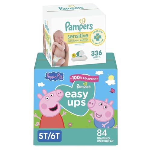 Pampers Easy Ups and Baby Wipes - Pull On Disposable Potty Training Underwear for Girls and Boys, Size 7 (5T-6T), 84 Count, ONE MONTH SUPPLY with Sensitive Wipes, 6X Pop-Top Packs, 336 Count - image 1