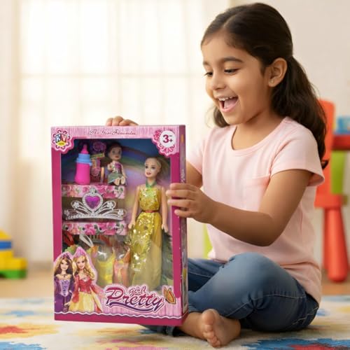 Image of Dolls for Girls with Cute Dress Play Set| Kids Dress up Makeup Role Play kit| Birthday Gift Fashion Doll for Girls| Toys for Children with Doll and accesories | Movable Hand & Legs (C19)