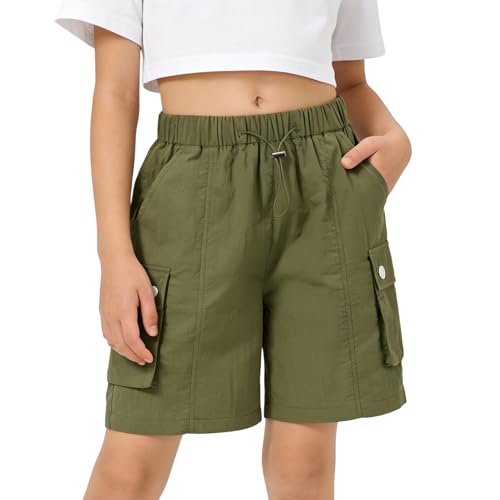 Rolanko Girls Shorts Sports Active Summer Cargo Shorts Teen Kids Running Gym Parachute Short Pants, Green, Size: 10-11 Years/150