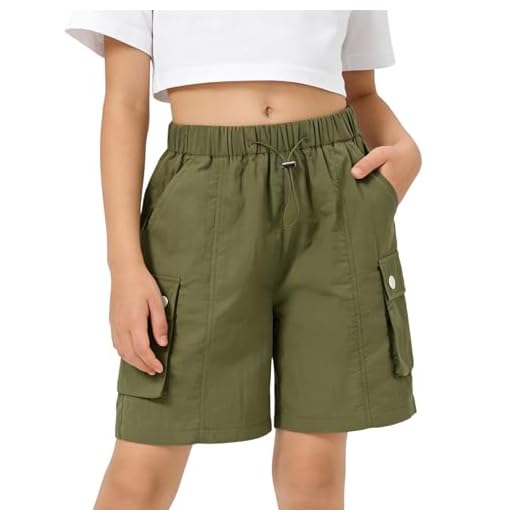 Rolanko Enfant Shorts Fille Sport Actif Èté Cargo Bermudas Shorts pour Ado Course Gym Pantalon Court Parachute, Vert, Taille: 11-12 Ans/160