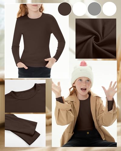 Image of 4 Pack Girls Long Sleeve Shirts Ribbed Knit Cotton Crewneck Tops Slim Fit Soft Casual Kids Base Layer Undershirts