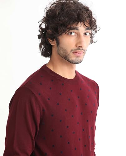 Image of Rare Rabbit Men's Flock Dark Maroon Viscose Polka Print Relaxed Fit Full Sleeve Crew Neck Sweater