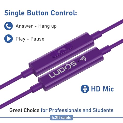 Image of LUDOS FEROX Wired Earbuds in-Ear Headphones, 5 Year Warranty, Earphones with Microphone, Noise Isolation Corded for 3.5mm Jack Ear Buds for iPhone, Samsung, Laptop, Kids, School Students - Purple