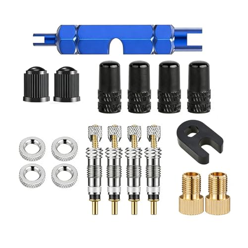 18 Stück Französisches Ventil Adapter Ventilkappen Fahrrad Ersatz Set Fahrradventil Französisch Presta Ventileinsatz Valve Kappe Brass Kit Ventilschlüssel für Scooter Rennrad MTB Tubeless Ventile Bike