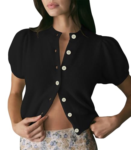 Image of Womens Puff Short Sleeve Cardigan Sweaters Cropped Button up Lightweight Y2k Knit Summer Cardigans