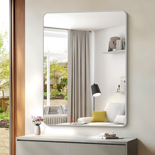 Image of 48x36 Inch Silver Bathroom Mirror, Large Rectangular Vanity Mirror, Metal Framed Rectangle Mirrors, Rounded Corner Wall Mounted Mirrors for Living Room Bedroom Entryway Horizontal or Vertical