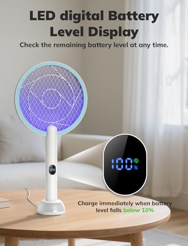 Image of YISSVIC Electric Fly Swatter Bug Zapper Racket 4000V LED Screen Dual Modes Fly Zapper Rechargeable for Indoor Home Office Backyard Patio Camping (White Blue)