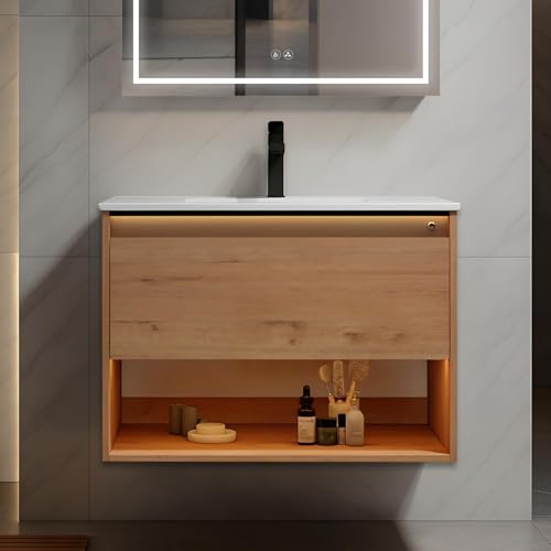 Blossom 30 Inch Floating Vanity with Sink & LED Lights - Modern Wall Mounted Bathroom Vanity - Moisture-Resistant Plywood Cabinet - Soft-Close Drawers - Classic Oak Wood Grain