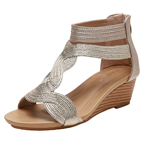 rismart Sandalia Cuña de Verano para Mujer Peep Toe Barra en T Cremallera Trasera Zapatos Romanos de Moda Oro, 36 EU rismart Sandalia Cuña de Verano para Mujer Peep Toe Barra en T Cremallera Trasera Zapatos Romanos de Moda Oro, 36 EU