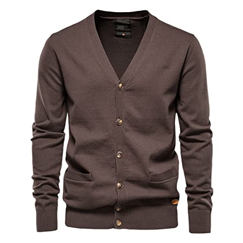 Cardigan simple boutonnage homme col V café XL : gilet tricot chaud hiver