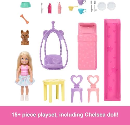 Barbie Chelsea oyuncak bebek evi, 15'ten fazla aksesuar içeren +43 x +33 cm'e kadar genişleyebilen açılır ev, 5 oyun alanı ve kaydırak, küçük bebek ve köpek figürü, JFW49 - Görsel 3