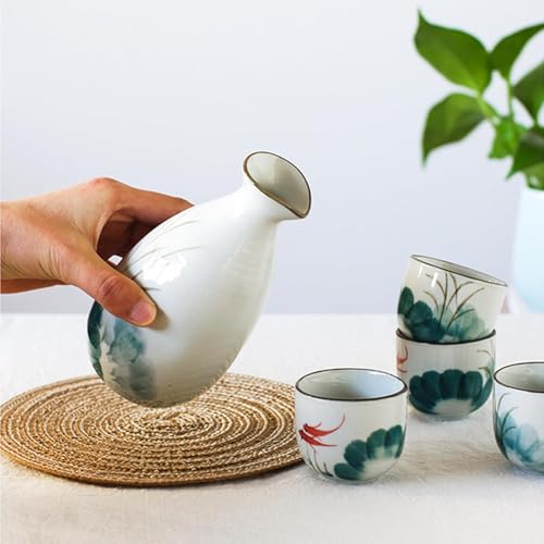 Tebery 5 Pieces Ceramic Japanese Sake Set Soju Tea Set, Porcelain Sake Tokkuri Bottle 8 fl oz and 2 fl oz Sake Ochoko Cups