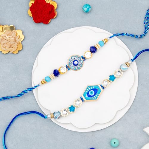 Image of To The Nines Evil Eye Rakhi for Brother with Tilak Material & Greeting Card - Set of 2 Rakhi