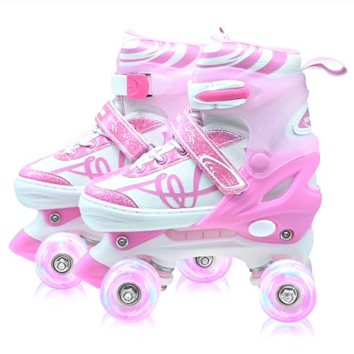 Roller Skates for Kids Adjustable Quad Skates for Girls Ages 12-14 with Light Up Wheels Children Beginners Rollerskates for Indoor Outdoor Spots