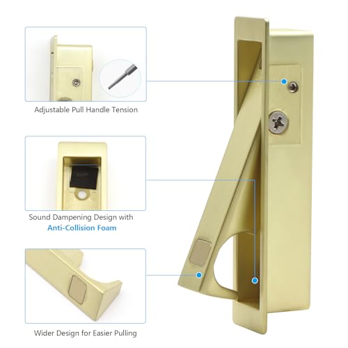 Manija de puerta corrediza Dontay Pocket Door, función de entrada con llave rectangular moderna, pestillo empotrado para puertas de 1 3/8” a 2 3/16” de grosor, acabado en latón satinado, paquete de 1 miniatura 4