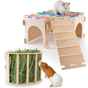 Guinea Pig Hideout, Bienbee Large Wodden Rabbit Hideout with Hay Feeder Set, Corner Guinea Pig House Guinea Loft, Small Animal Castle with Soft Mat and Stair for Chinchilla, Hamsters, Bunny, Hedgehog