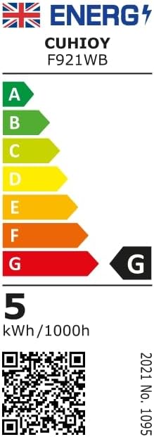 Energy label for CUHIOY F921WB showing energy class G and 5 kWh/1000h consumption.