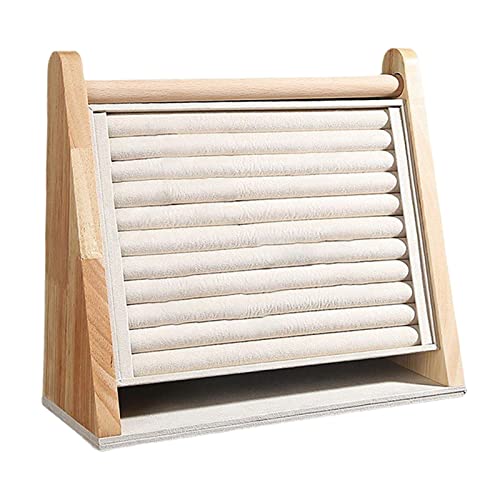 DYNWAVE Wooden Rings Display Stand Tray, 10 Slots Flannel Large Capacity Vertical Storage Holder for Earrings Rings Show Retail Selling, Beige