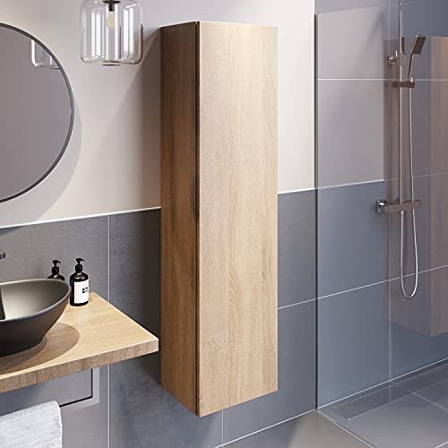 Image of Vitusso® 1380 x 350mm Wall Hung Tall Bathroom Cabinet Storage Shelf Cupboard Mounted Wooden Tallboy Furniture Unit Soft Close Oak Wood