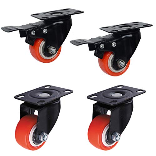 家具用レッドPUスイベルキャスターホイール4個 ノイズなし 耐摩耗性 ダブルベアリング 容量120kg テーブル&フラワースタンドに最適 (ブレーキ+ユニバーサル2インチ)