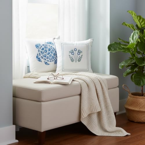 Image of Coastal Essence White & Blue Embroidered Cushion Cover Set of 2