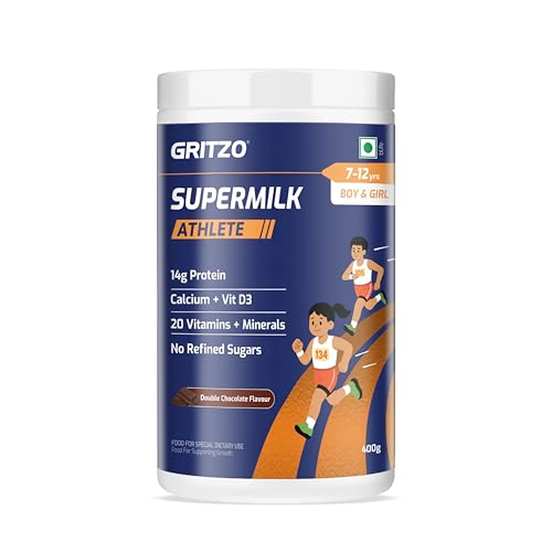 Image of Gritzo SuperMilk Athlete (7-12y Boy & Girl), 14g Protein Powder (Double Chocolate, 400g) | Zero Refined Sugar, 20 Vitamins & Minerals