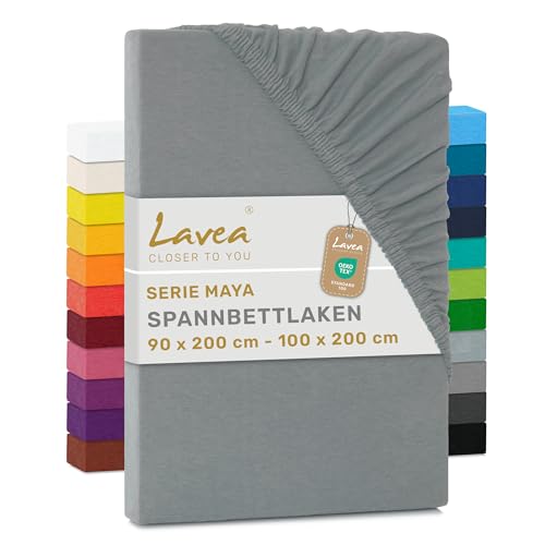 Lavea® Spannbettlaken 90x200cm - 100x200cm Maya Jersey, Bettlaken aus 100% Baumwolle, mit Rundumgummi für Matratzen bis 20 cm, atmungsaktiv, pflegeleicht, formstabil, Spannbetttücher, Mittelgrau