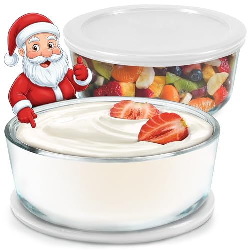 Ultimate Yogurt Containers 2 Pack - Make More Yogurt with 1-Quart Glass Containers (4 Cup) - Perfect for Food Storage & Meal Prep - 100% BPA free & Oven Safe Round Bowl Set with Lids